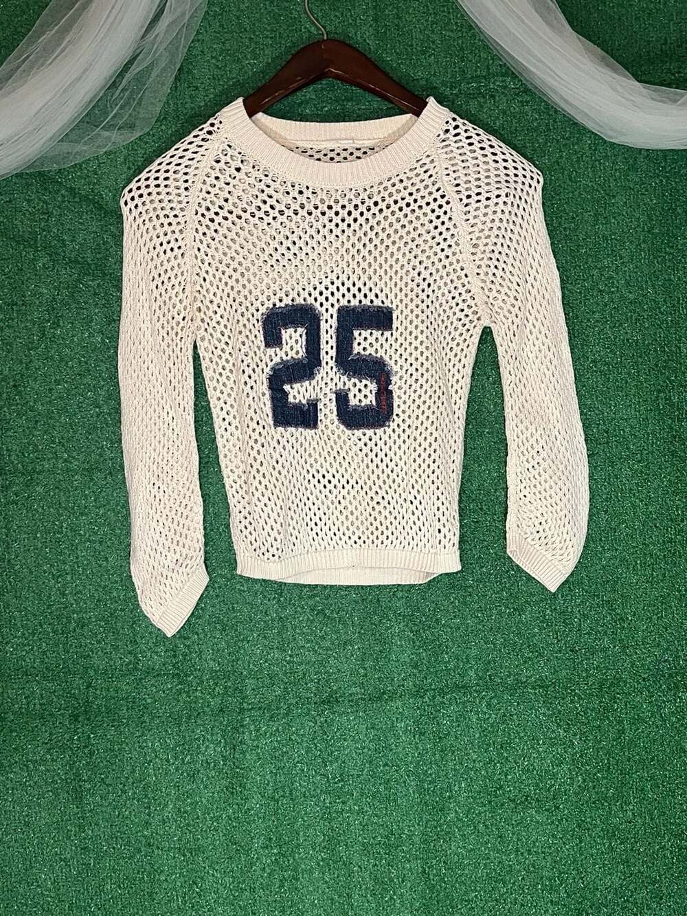 DKNY Jeans Cream Open Knit Mesh Sweater With Number 25 Distressed Denim Applique